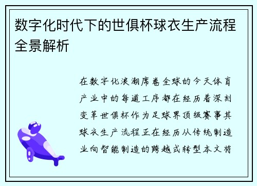 数字化时代下的世俱杯球衣生产流程全景解析